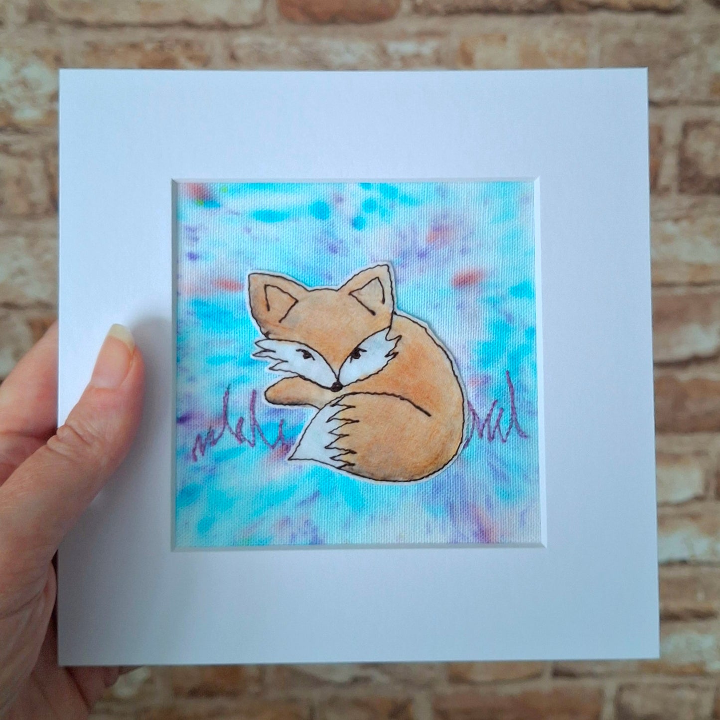 Original Textile Art - Relaxed Fox - 6 x 6 inches (Blue)