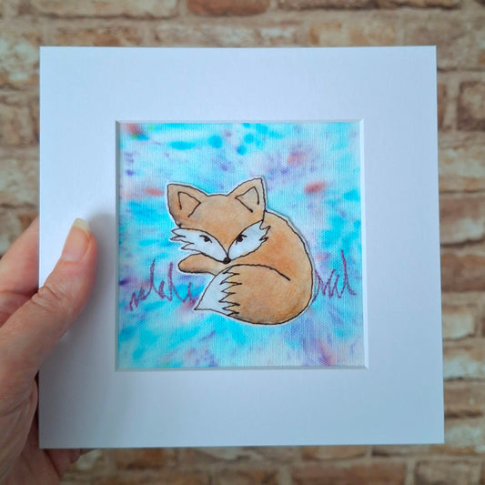 Original Textile Art - Relaxed Fox - 6 x 6 inches (Blue)
