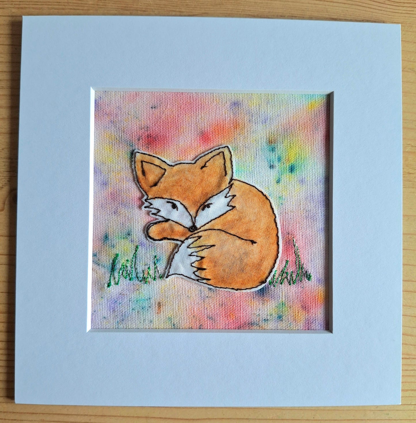Original Textile Art - Relaxed Fox - 6 x 6 inches (Blush)