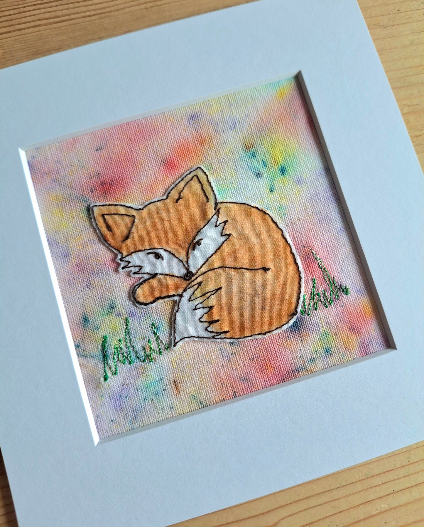 Original Textile Art - Relaxed Fox - 6 x 6 inches (Blush)