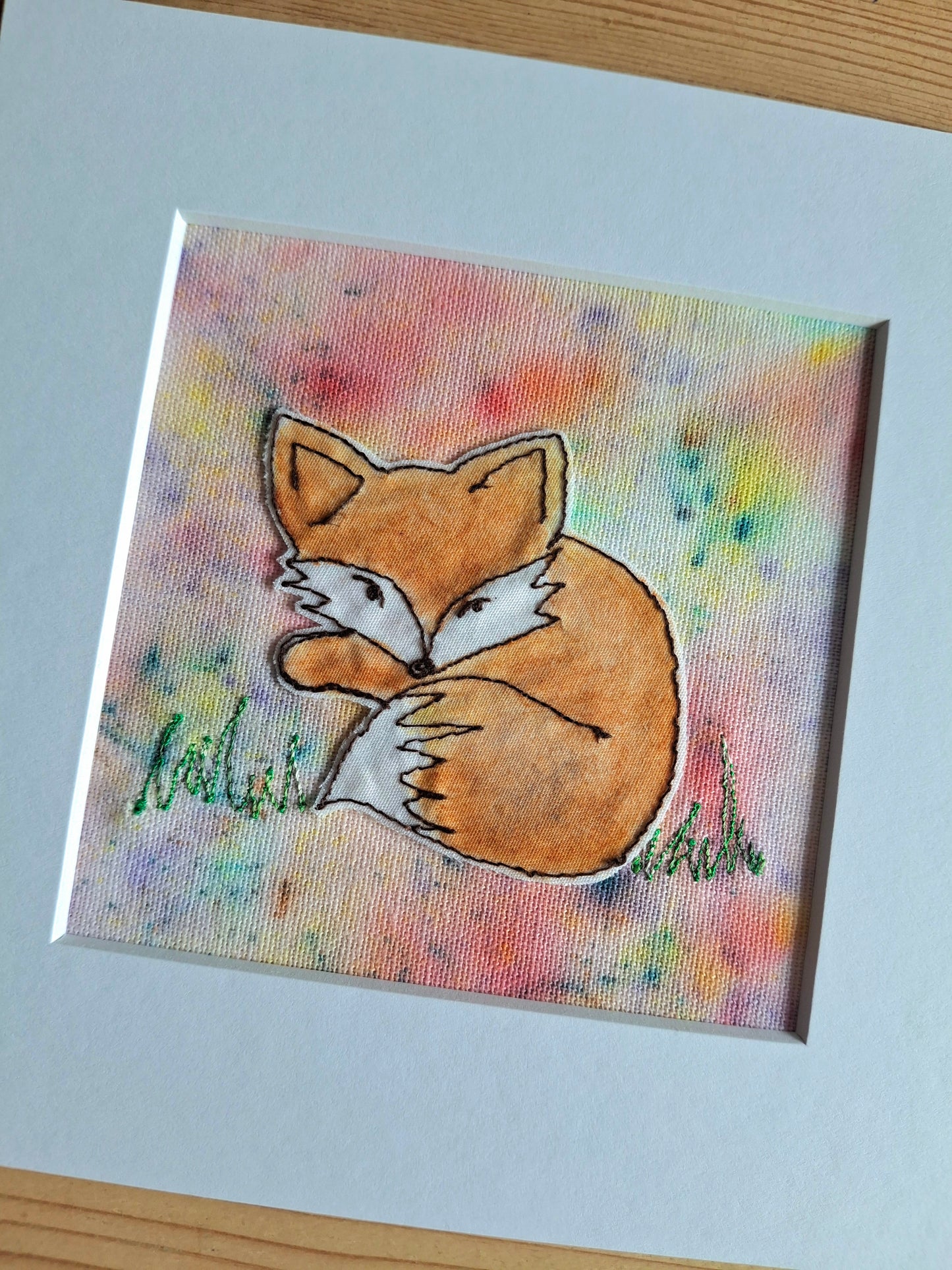 Original Textile Art - Relaxed Fox - 6 x 6 inches (Blush)