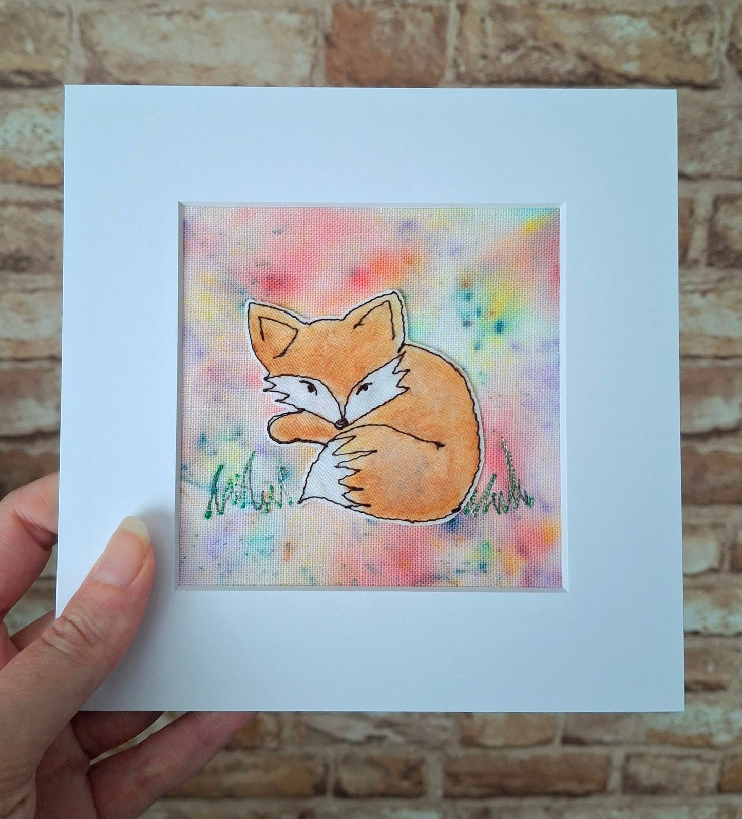 Original Textile Art - Relaxed Fox - 6 x 6 inches (Blush)