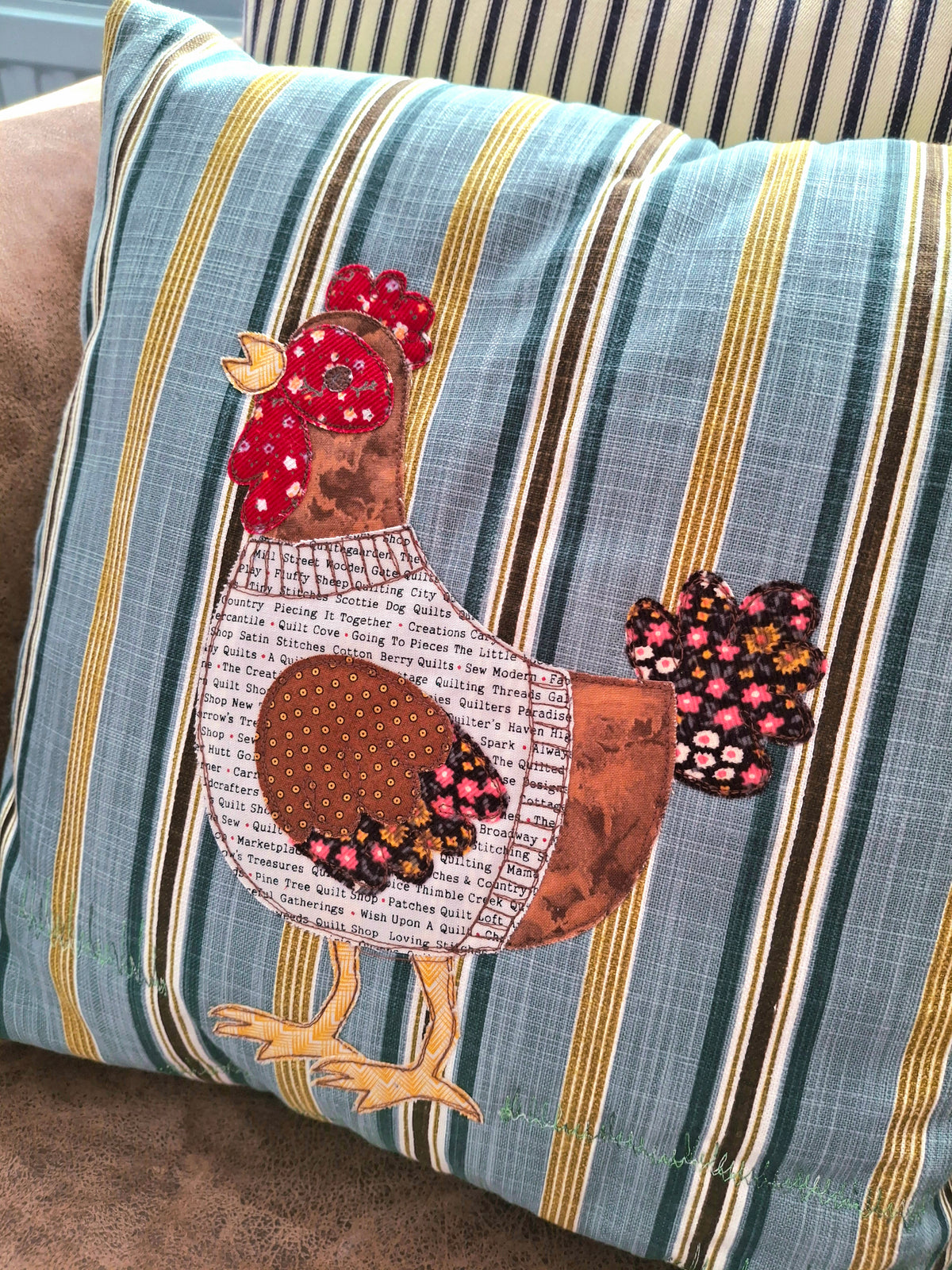 Harriet the Hen Cushion (original free-motion embroidery)