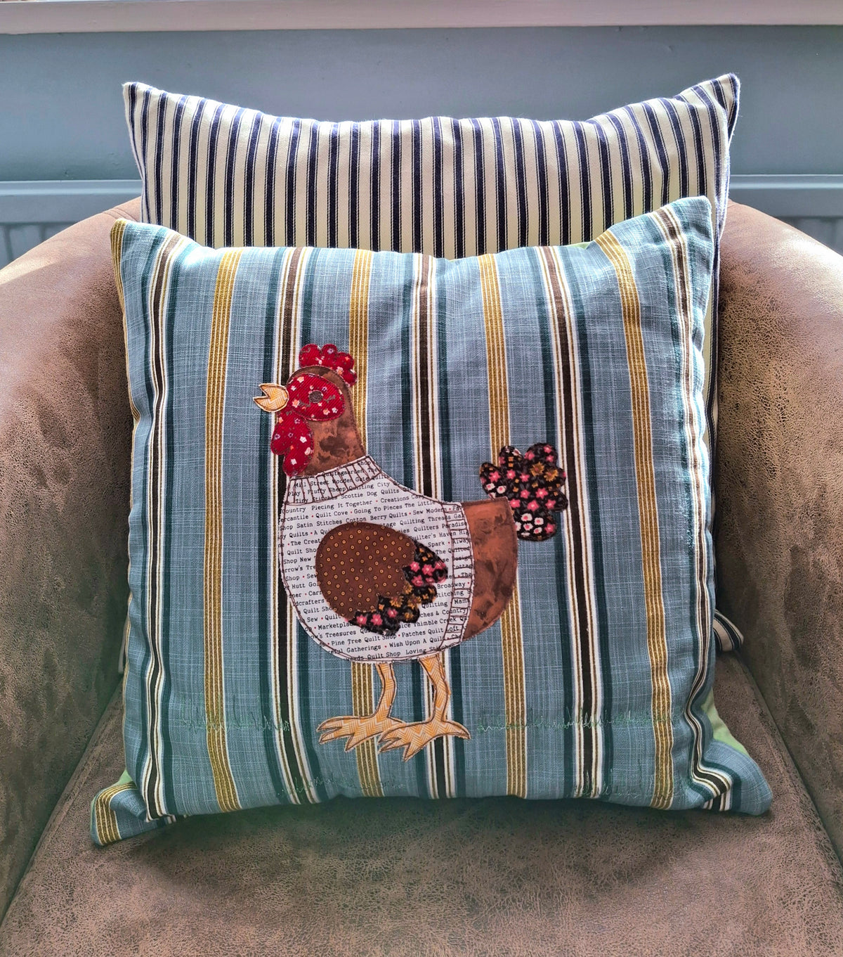Harriet the Hen Cushion (original free-motion embroidery)