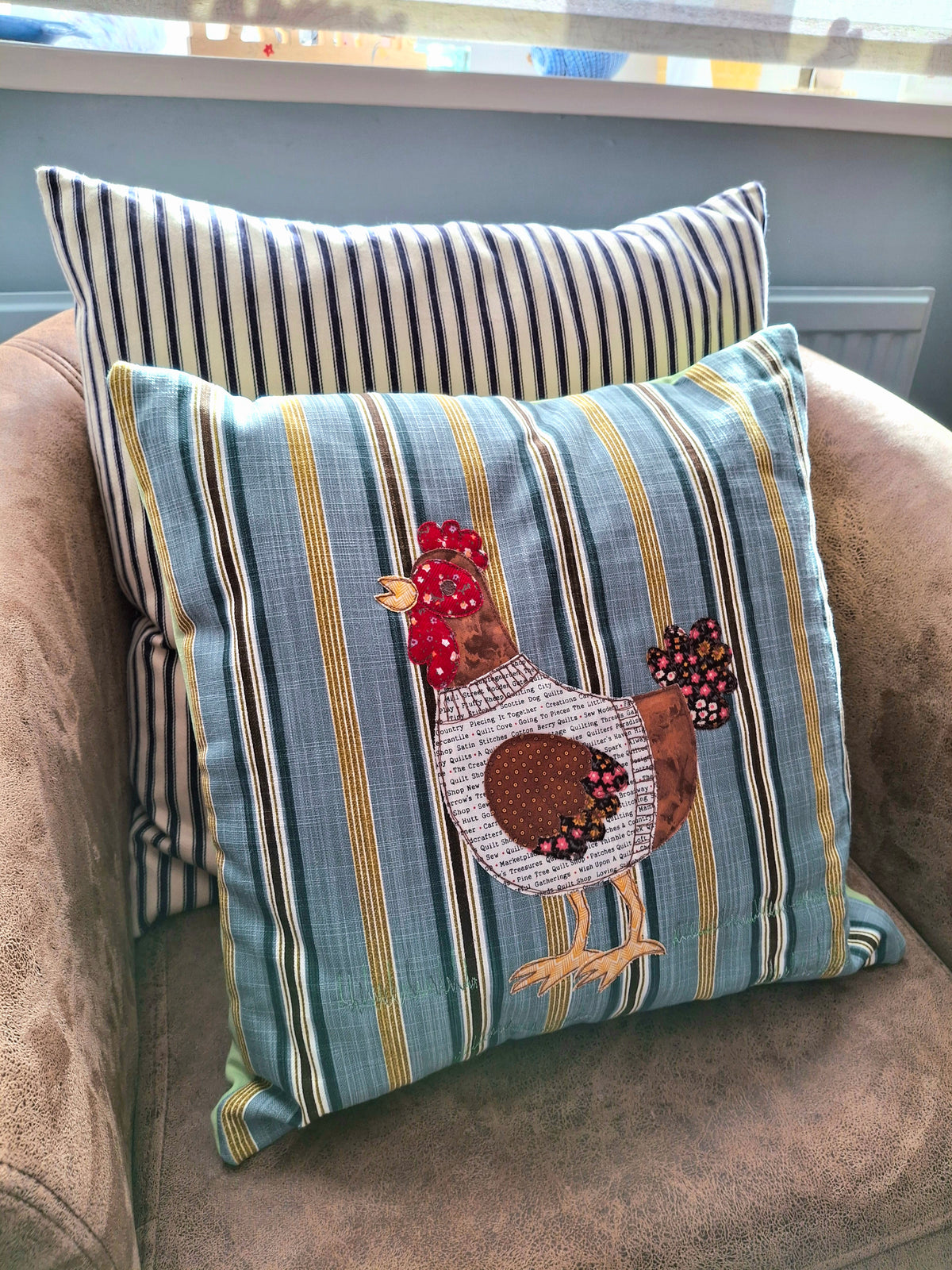 Harriet the Hen Cushion (original free-motion embroidery)