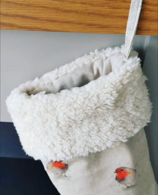 Christmas Stocking - Printed Robin Design with Sherpa Cuff